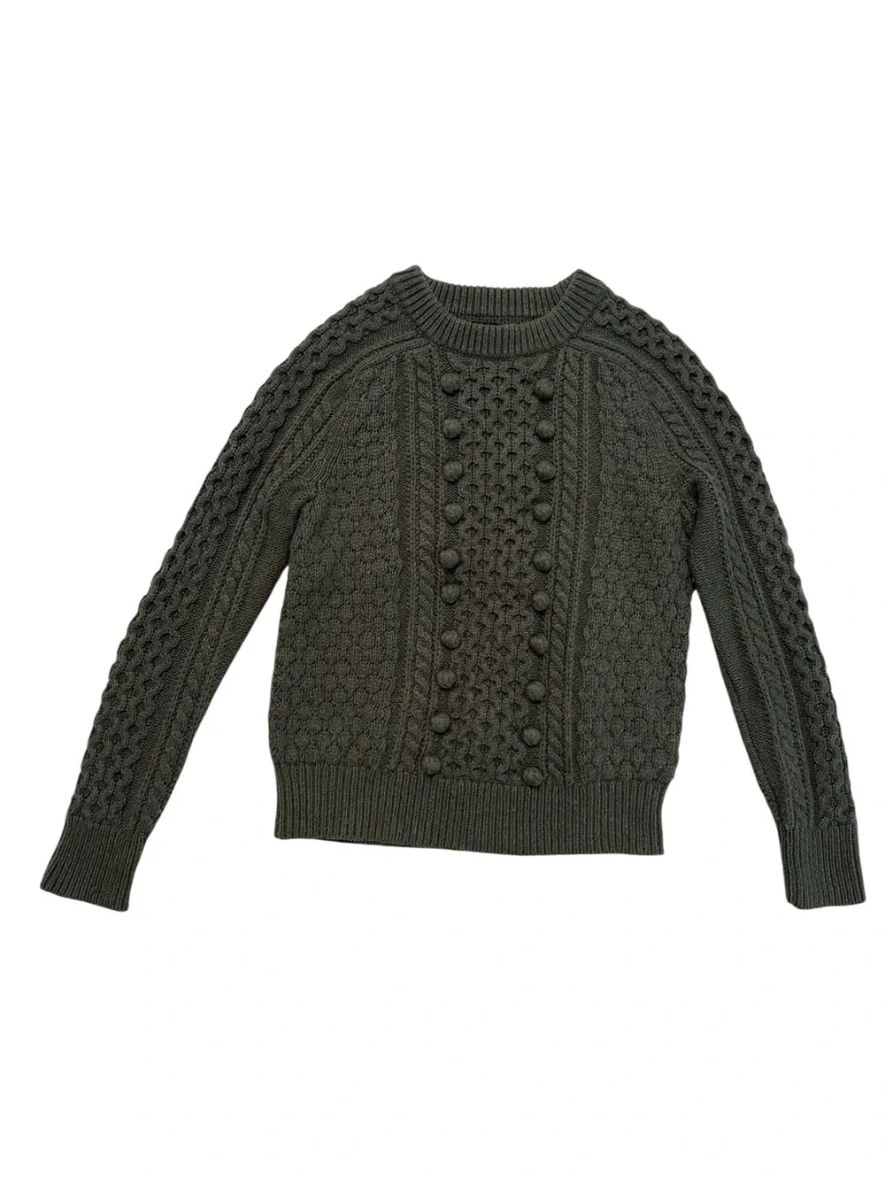 J.Crew Olive Green Cable Knit Sweater Women’s Crew Neck Pom Pom Textured Long XS